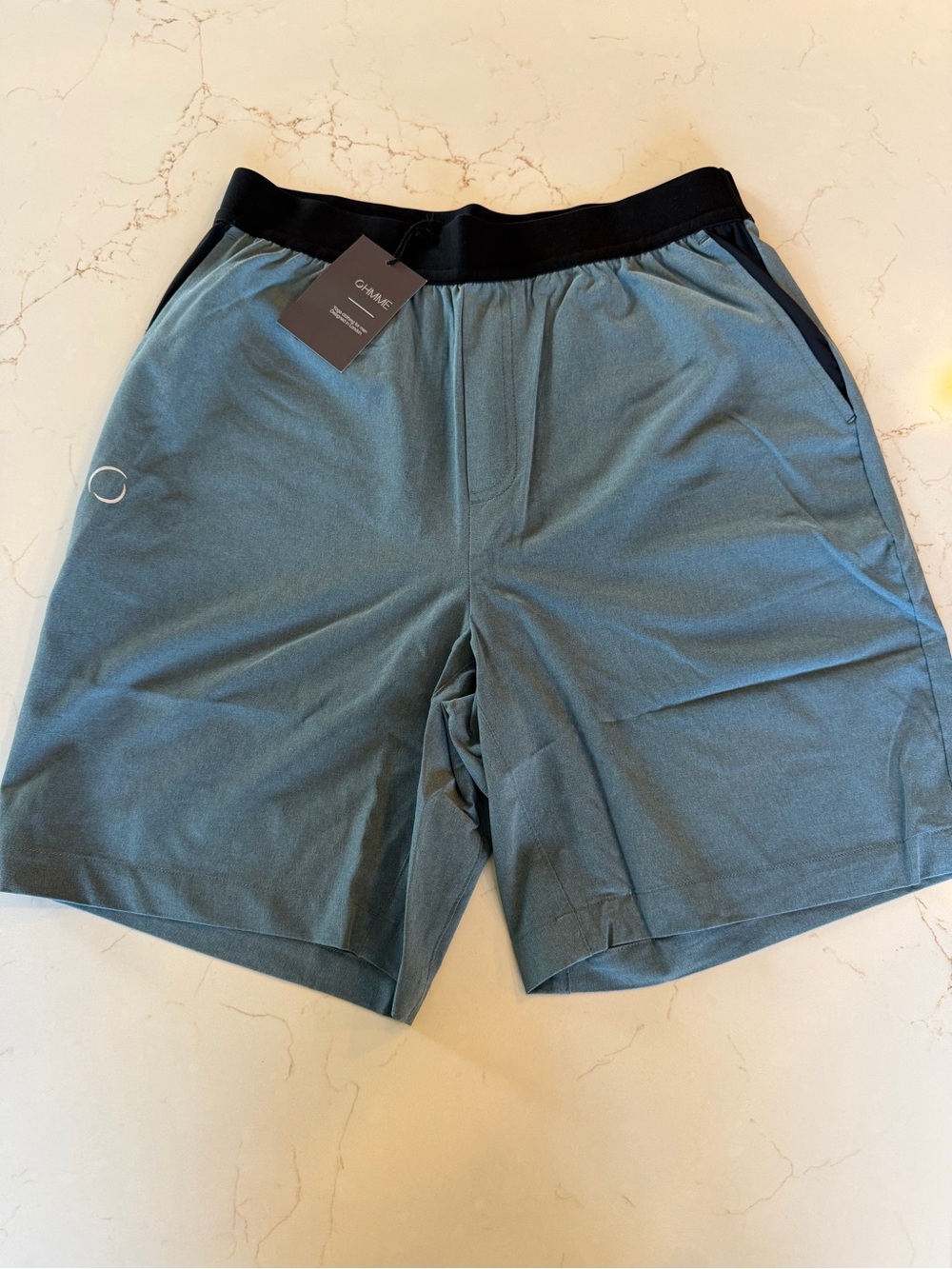 NWT OHMME The Warrior Men's Pilates/Yoga Shorts in Slate Blue Black Waistband MD